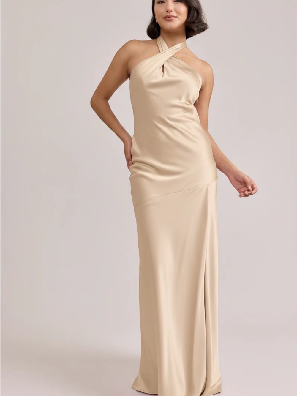 Revelry Bridesmaid Athena Soft Champagne Satin Cross-Neck Gown